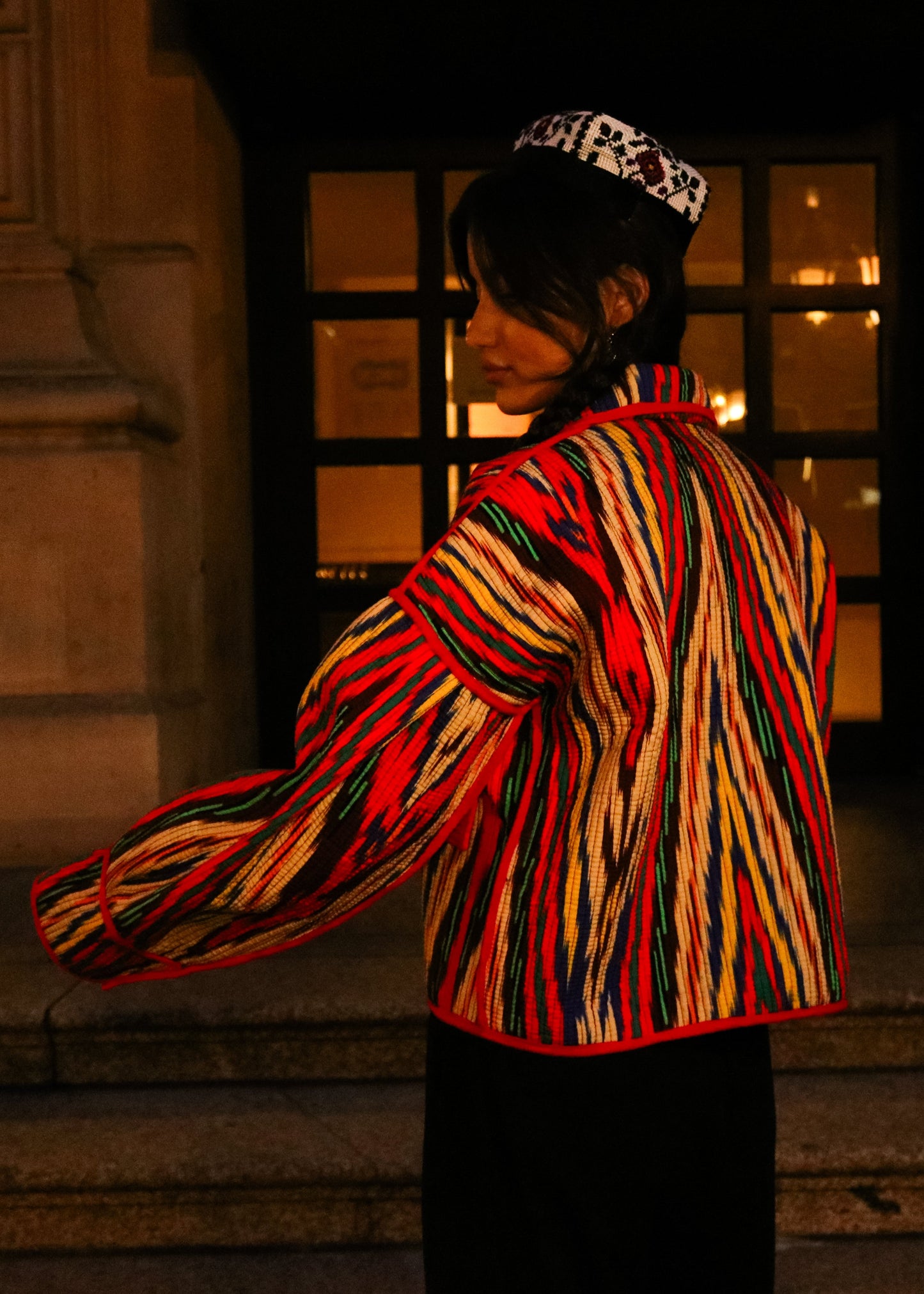 Doppelseitige Ikat Jacke aus Usbekistan (Handarbeit, Baumwolle-Seide, One Size)