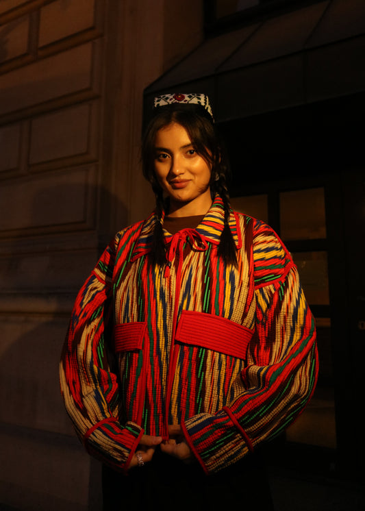 Doppelseitige Ikat Jacke aus Usbekistan (Handarbeit, Baumwolle-Seide, One Size)