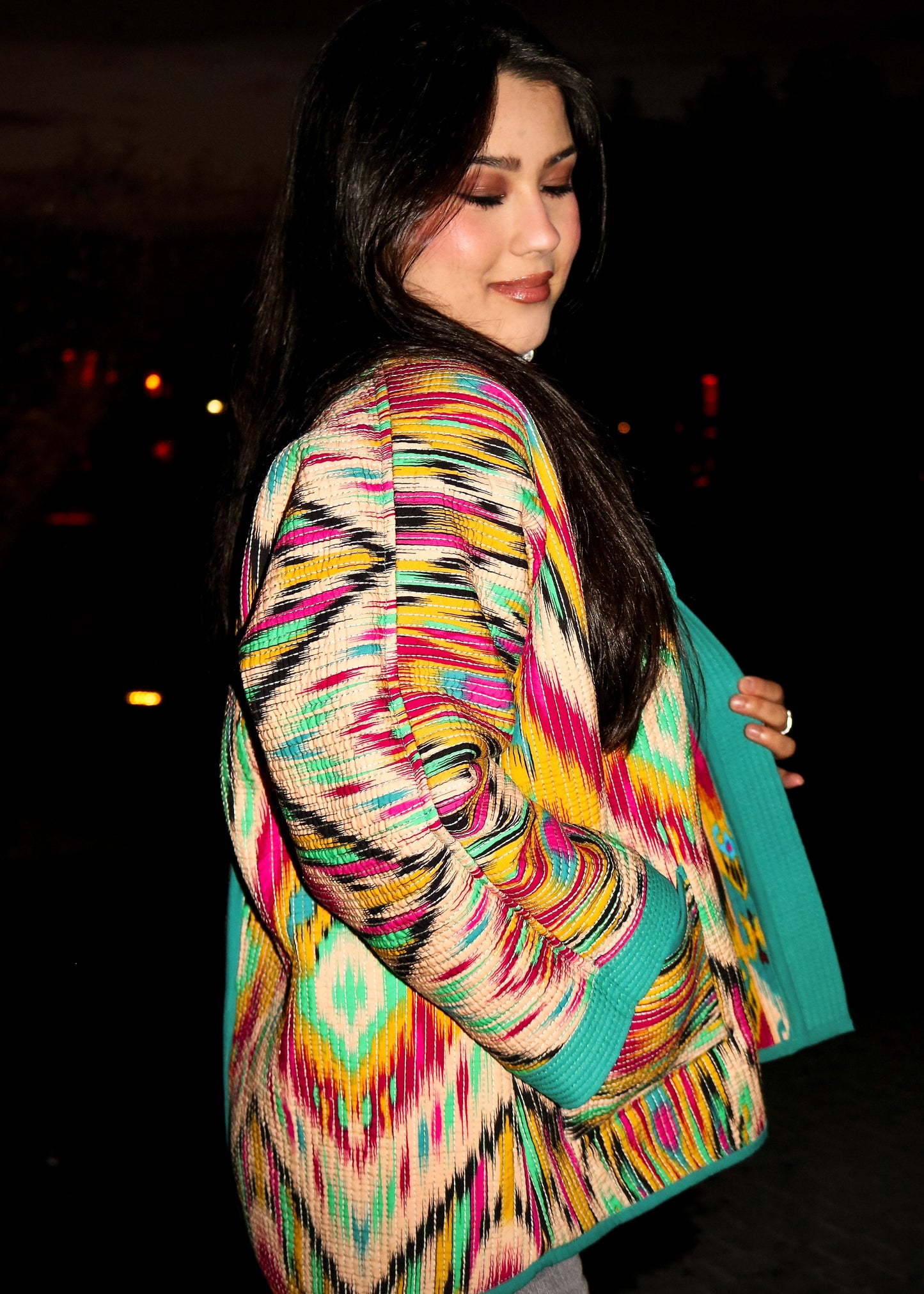 Zweiseitiger Chapan „Teal Ikat Glow“