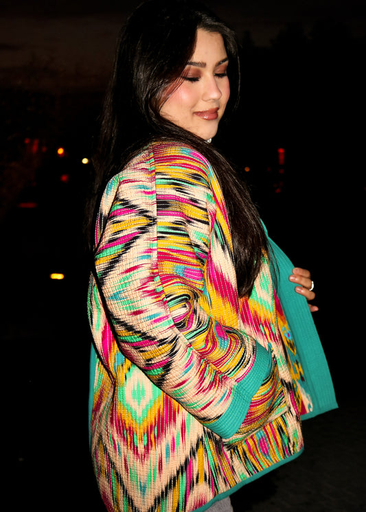 Zweiseitiger Chapan „Teal Ikat Glow“